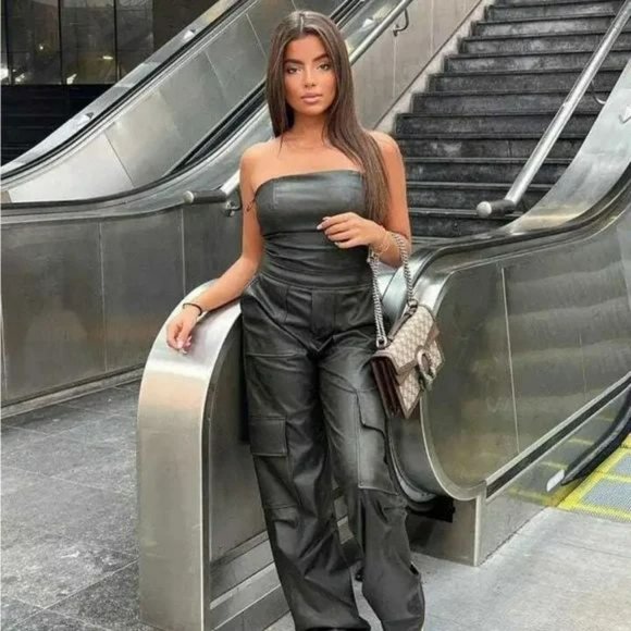 ZARA FAUX LEATHER LONG JUMPSUIT - Picture 2 of 8